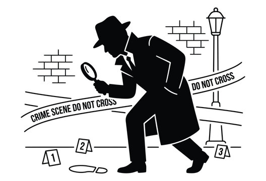 Detective examining crime scene with magnifying glass black silhouette investigator sleuth inspector lens investigation evidence