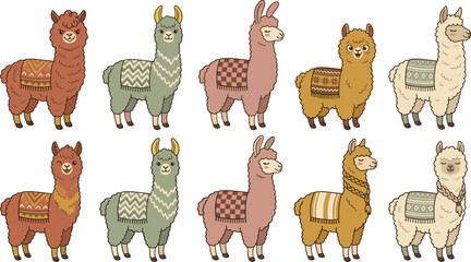 Fototapeta premium Adorable Fluffy Llama and Alpaca Vector Character Set Wearing Boho Style Decorative Saddle Blankets for Children Nursery Prints, Pattern Creation, and Creative Greeting Cards