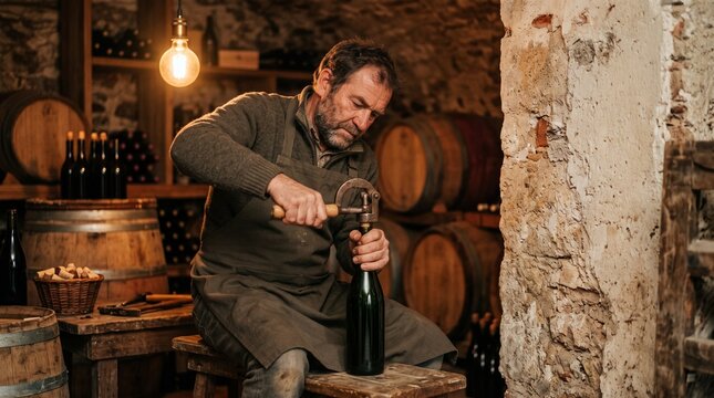 Vintner Corking a Wine Bottle by Hand with a Small Hand-Lever Corker