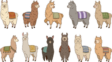 Fototapeta premium Charming South American Llama and Alpaca Character Collection with Folk Art Pattern Blankets for Children Textile Prints, Greeting Card Graphics, and Creative Nursery Wall Decor