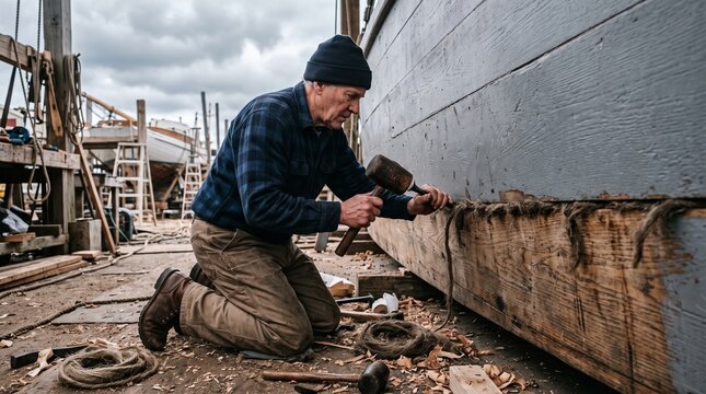 Boatbuilder Pressing Oakum Caulking into Hull Seams with a Mallet and Iron