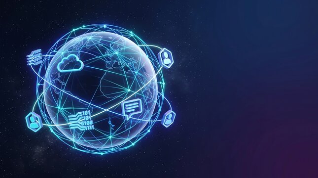 Global digital network planet sphere connecting cloud computing data servers internet communication social profile icons on dark background background   