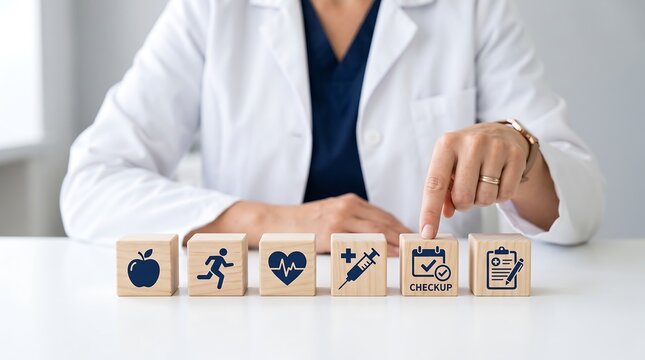 Female doctor pointing at checkup wooden block with health lifestyle icons representing nutrition exercise wellness medical care schedule examination report.