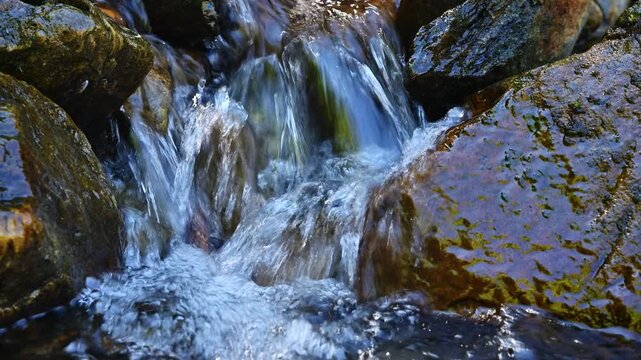 Clear stream of water flowing over mossy rocks
