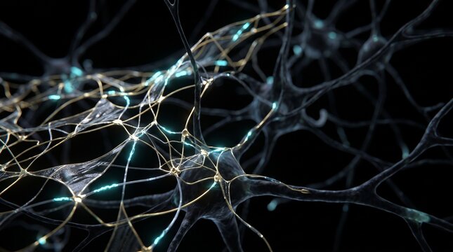 A close-up view of a complex neural network with glowing connections, representing artificial intelligence or biological brain activity.