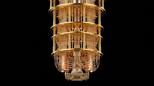 A complex golden quantum computer suspended against a black background, featuring intricate wiring and advanced technology.