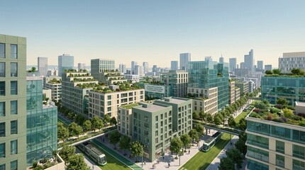 Fototapeta premium Modern sustainable urban city development with green buildings and public transit