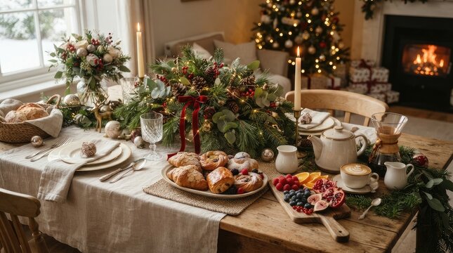 Cozy Christmas morning breakfast table with pastries fruit coffee and glowing fireplace
