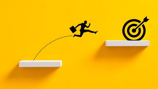 Determined businessman jumping across gap towards target goal in bold risk taking concept