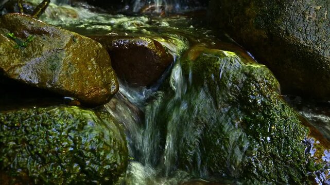 Water Flowing Over Moss Covered Rocks in Stream