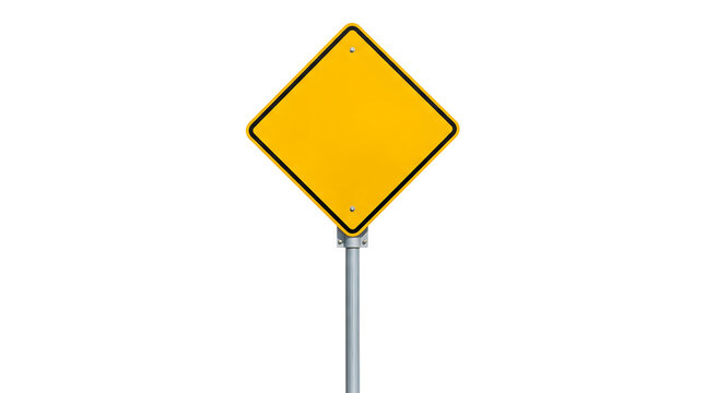 A yellow diamond-shaped traffic sign on a pole for the concept of warning and caution.