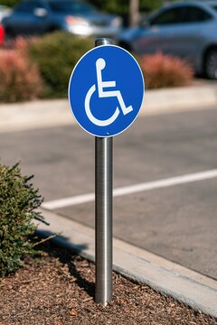 Accessible parking sign on metal post beside clean parking bay