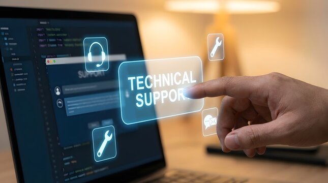 A hand pressing a button for technical support on a computer screen, representing digital assistance and customer service.