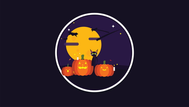 Halloween night with pumpkins and black cat
