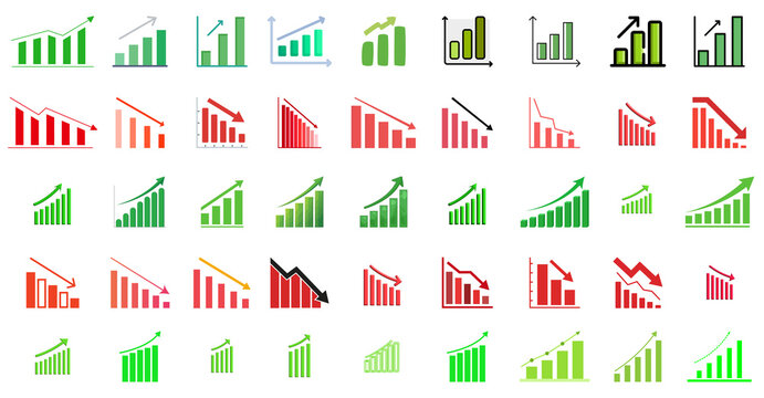 Stock market financial bar graph growth and loss vector icon set (PNG)
