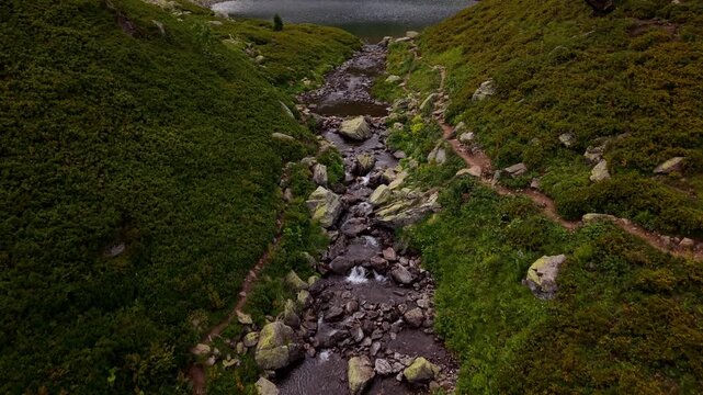 Aerial view of mountain stream flowing through green valley