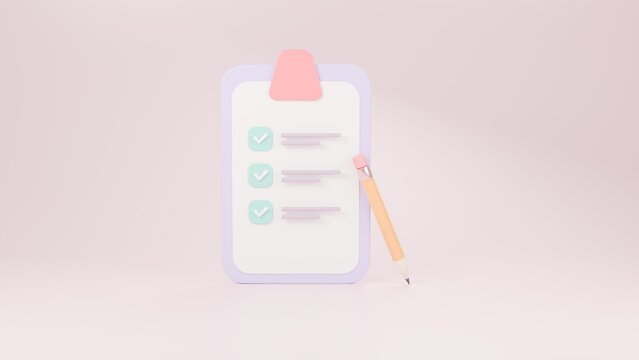 3D Clipboard with Checklist and Pencil Render for Business Productivity and Task Management Concepts on Soft Pastel Background for Professional