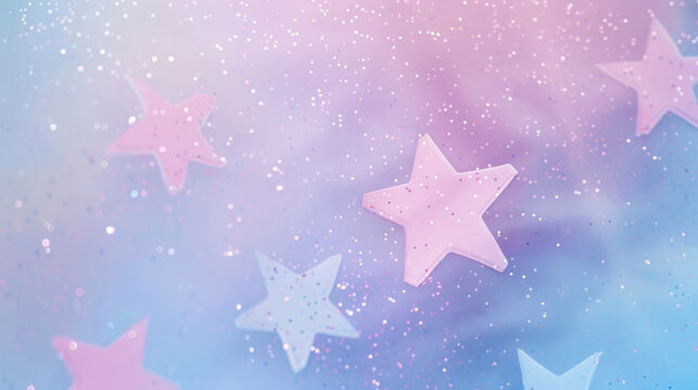 Pastel gradient background with sparkling blue and pink glitter stars and white dots for festive or fantasy design
