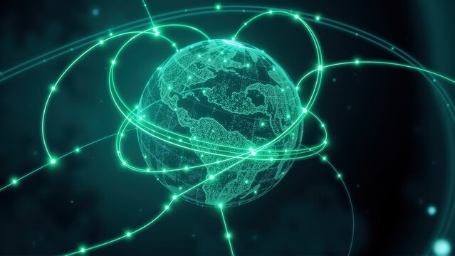 Global network concept. Earth surrounded by glowing lines, representing connections, data streams, digital world. Futuristic visualization.