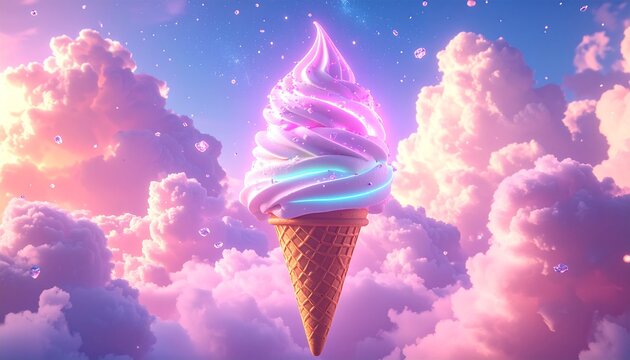 Surreal digital art of a magical glowing ice cream cone floating amidst fluffy pink clouds in a fantasy dream sky