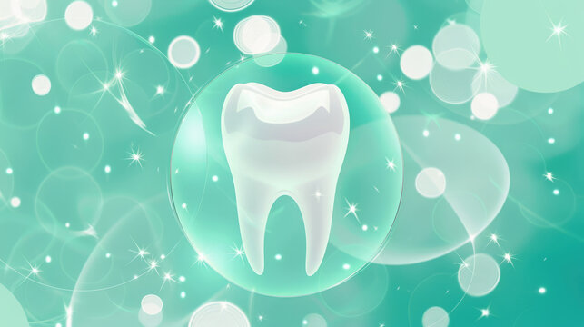 Clean white tooth model with sparkling bubbles on medical background for freshness concept and place for text