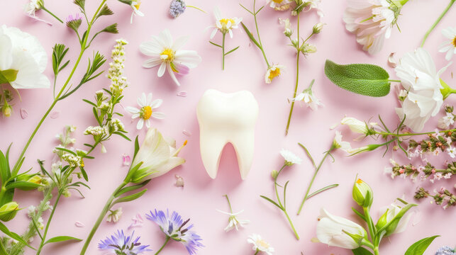 White tooth model surrounded by wildflowers and herbs on soft background representing natural eco dental care