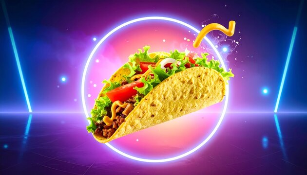 Vibrant, fresh taco illustration, bursting with flavor and color against a dynamic neon background. Ideal for engaging fast food advertising and modern culinary promotions