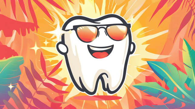 Happy cartoon tooth character with sunglasses on colorful tropical summer background with palm leaves