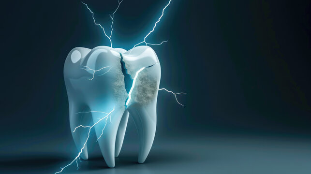Cracked tooth with electric lightning bolts on dark background with place for text representing dental pain and sensitivity
