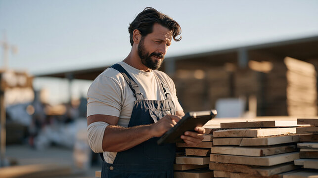 A plumber reviews pipe flow data on a ruggedized tablet propped beside a pile of fresh sawn timber offcuts on a worksite bathed in golden hour light, a wide establishing shot