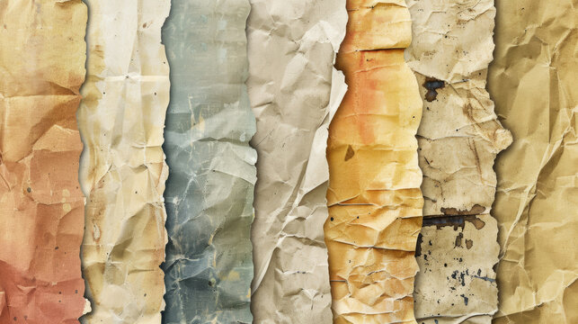 Old torn paper striped layers on grunge wall with peeling colorful posters abstract texture background