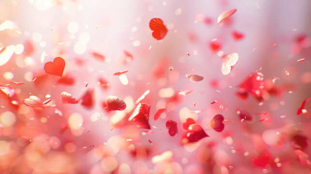 Romantic valentine love concept background with flying red hearts and bokeh lights effect and place for text