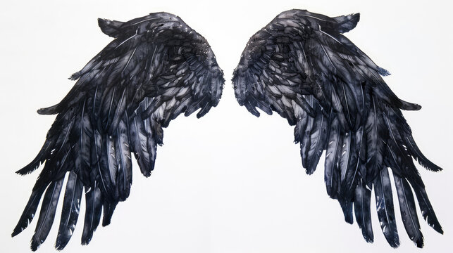 Elegant black angel wings decor with textured finish on white background