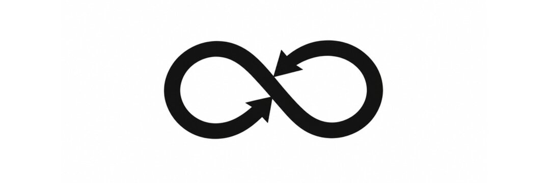 Black infinity symbol with directional arrows on white background, endless cycle concept