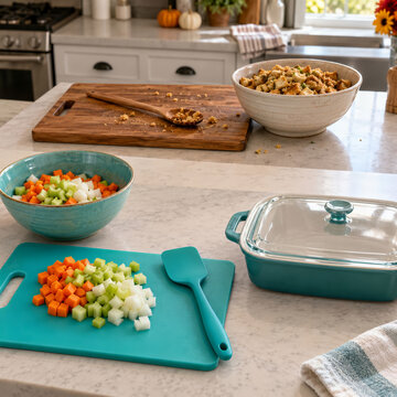 Diced Mirepoix Vegetables and Stuffing Ingredients on Kitchen Countertop Photo
