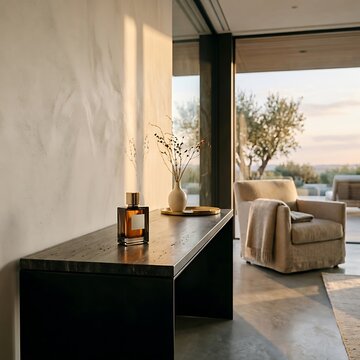 Minimalist interior with a modern console table and comfortable armchair near a window