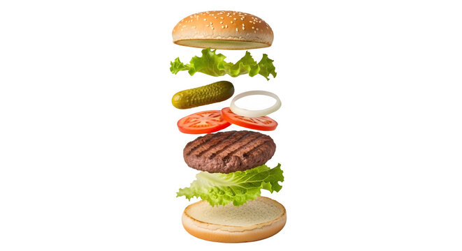 Delicious gourmet burger with fresh floating ingredients isolated on a high quality transparent background for culinary advertising
