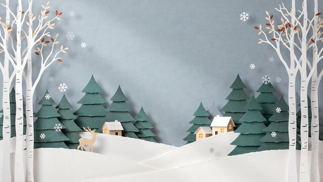 Paper craft winter village scene with deer and pine trees