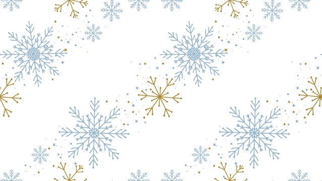 Seamless pattern of blue and gold snowflakes on a white background for winter holiday