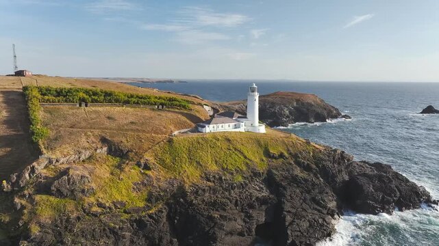 Trevose Head Lighthouse from a drone, Padstow, Cornwall, England, United Kingdom