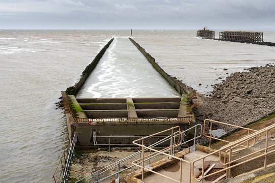Heysham Lancashire outfall channel leading to sea
