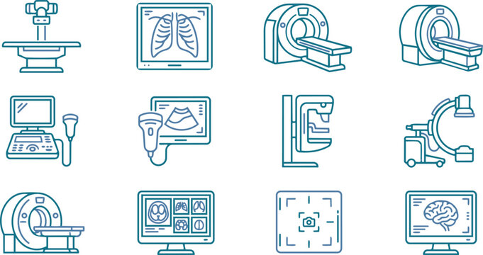 Medical imaging equipment line icon set including MRI, CT scanner, ultrasound machine, X-ray, and mammogram vector illustration.