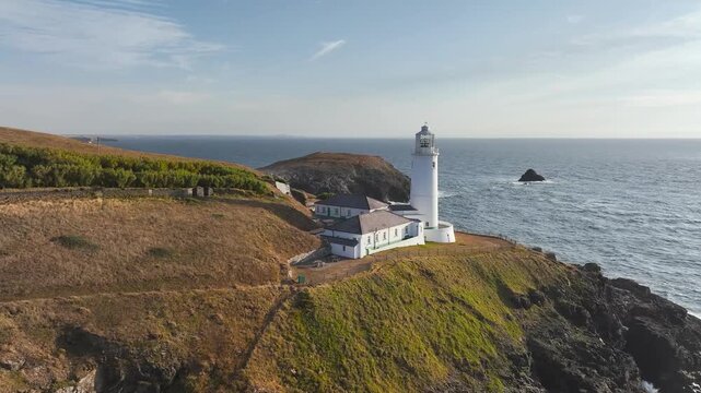 Trevose Head Lighthouse from a drone, Padstow, Cornwall, England, United Kingdom