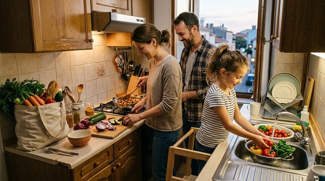 Family preparing a local meal in a temporary holiday apartment