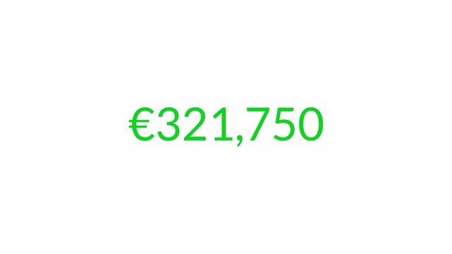 euro currency number counter animation from zero to nine hundred thousand on white background, 900,000 euro money number counter animation in 4k.