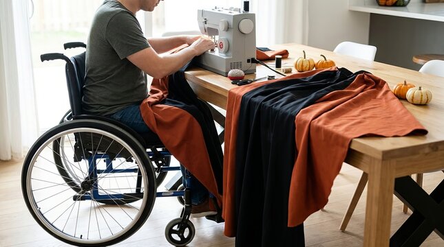 Wheelchair user sewing adaptive cape at a Halloween craft table