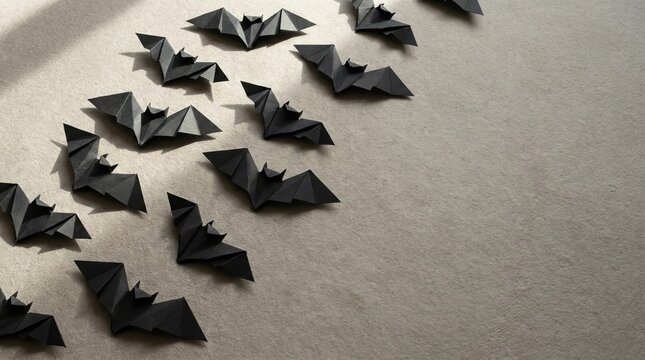 Origami bats rising from corner beside blank warm gray field in modern Halloween craft scene