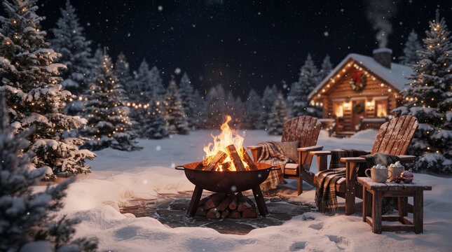Cozy winter scene with fire pit and cabin