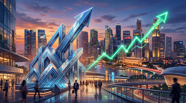 Futuristic city skyline with abstract glass arrows symbolizing growth and progress, set against a twilight sky, representing business success and innovation.