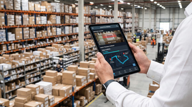 A man holds a tablet with a logistics app displaying order tracking in a warehouse full of shelves and boxes, symbolizing efficient inventory management.